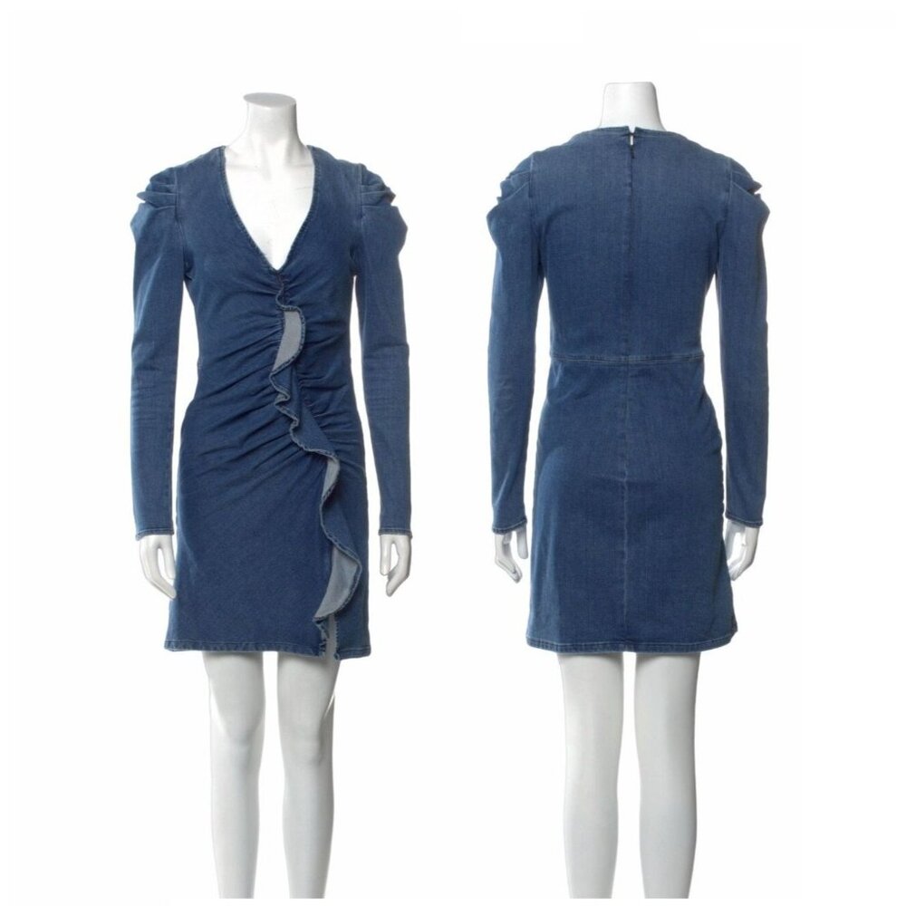 ❤️Jonathan Simkhai Sz 6 Women Designer Denim Dress Jean Ruffle puffed shoulders